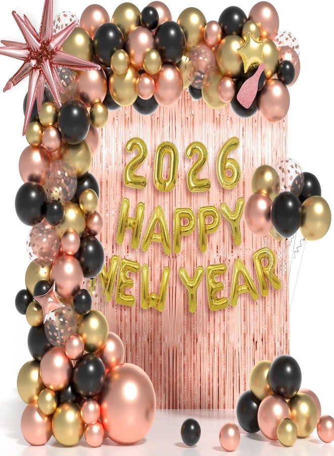 Janinus New Year Balloon Garland Arch Kit for New Year Decorations 2026 - Rose Gold Black and Gold Balloons Different Sizes 5 12 18 Inch new year Eve Balloons Arch - Image 1